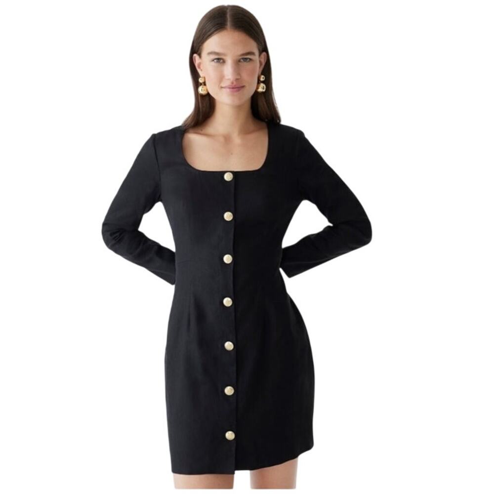 J.Crew Black Linen Blend Novelty Button Mini Dress Gold Buttons Size 4